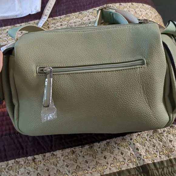 PINK STIX* sage green vegan crossbody adj. strap, dust bag zip top, 2 inside pkt - Picture 9 of 13